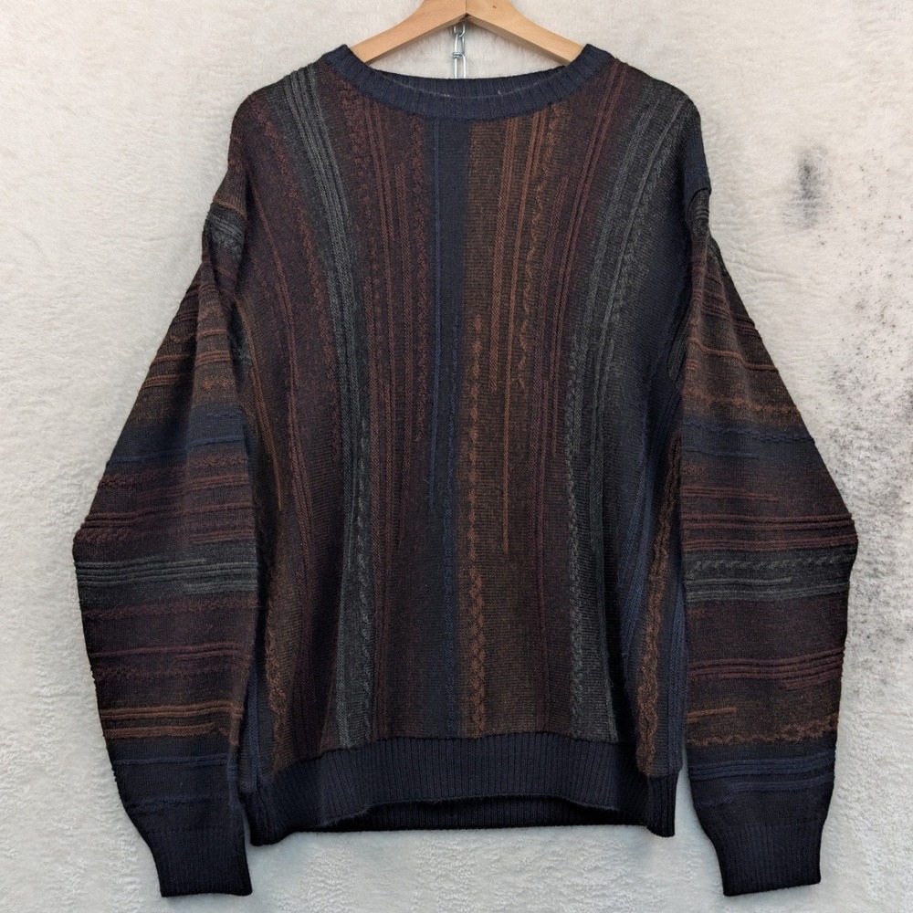 VTG Sweater Men's L Brown Textured Stripe Knit Crew Neck Coogi Style Cozy 90s